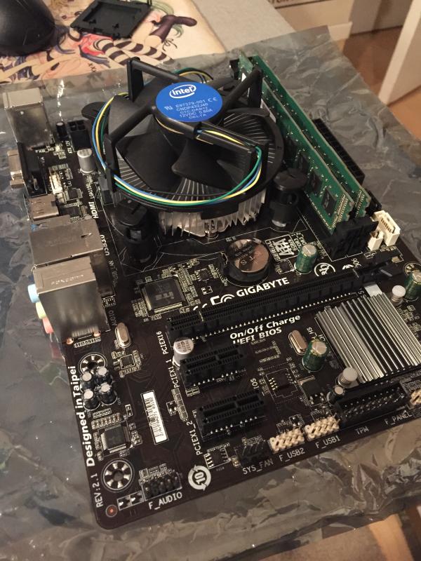 cpu, cooler, and memory on the Gigabyte motherboard